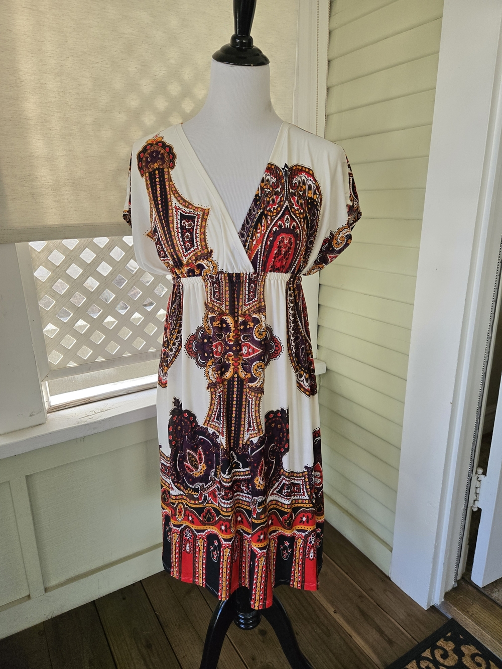 Cristinalove Cream Paisley-Print Maxi Dress with Red and Gold Accents